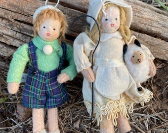 Two Vintage Heart Felts Midwest Cannon Falls Christmas Ornaments, Little Bo Beep and Little Boy with Plaid Outfit, Nursery Rhyme Series