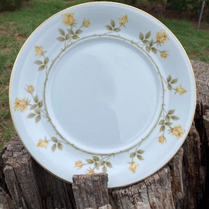 May include: A round white porcelain plate featuring a delicate border pattern of yellow roses with green leaves and thorny stems. The plate has a smooth, plain center and a thin gold trim along the outer edge, creating a refined and classic appearance.