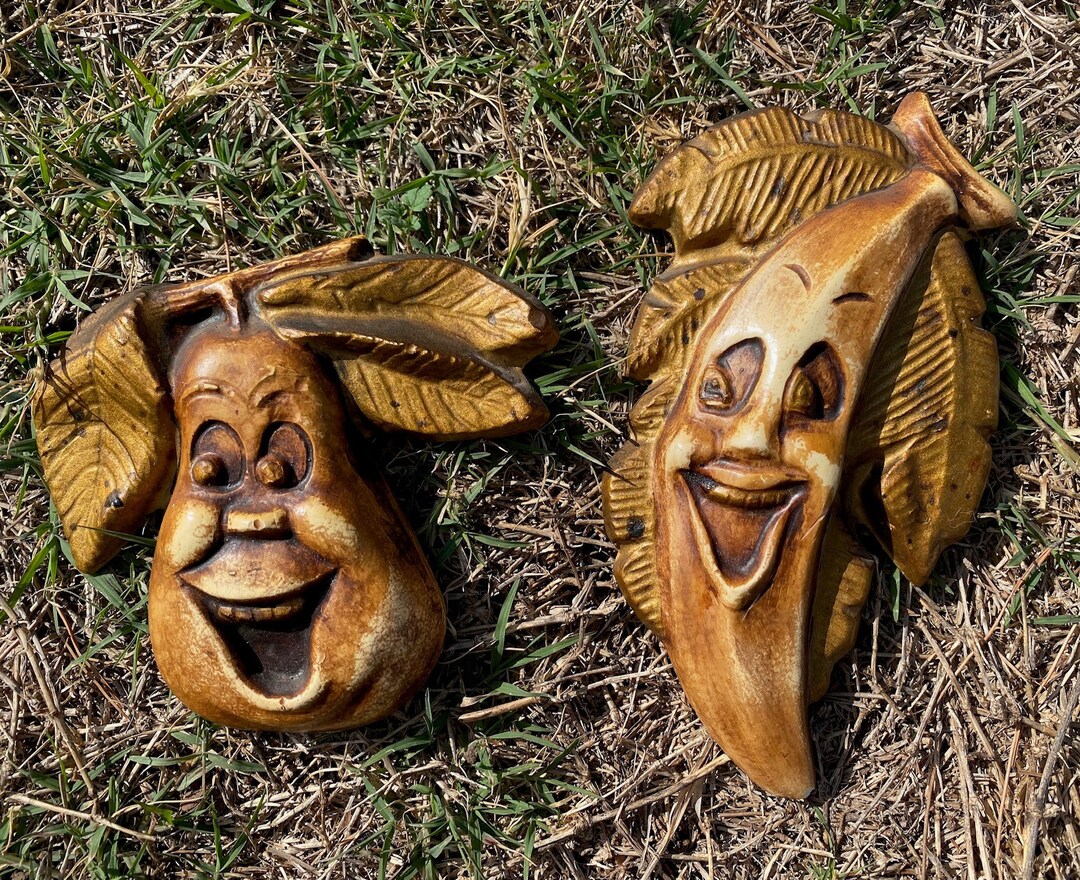 Vintage Fruit Wall Decor, Chalkware Anthropomorphic Pear and Banana