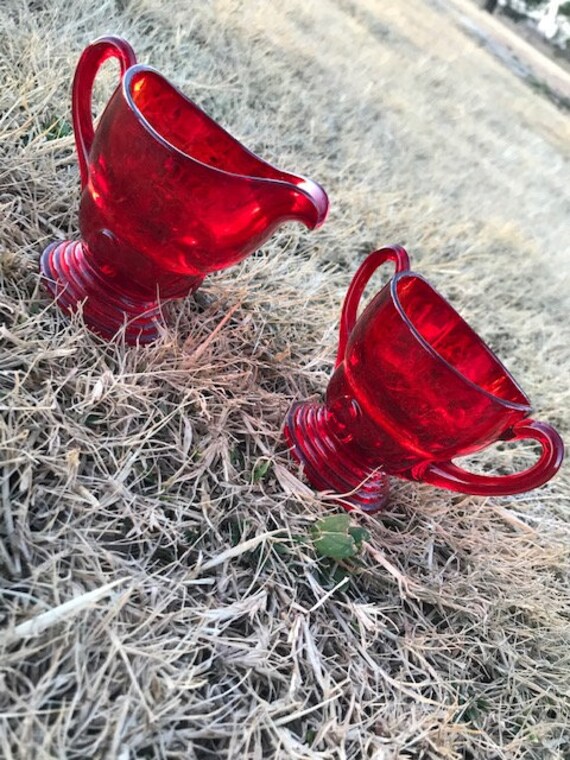 Vintage Red Glass Sugar and Creamer Set Cream and Sugar Set Etsy