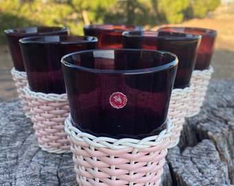 Set of 6 Handblown Purple or Amethyst Glasses with Plastic Weave Holders, Glass 4&quot; Tall, Holder 2 1/4&quot;, Holidays, Made in Italy, Dining