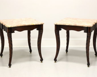 Mid 20th Century Carved Mahogany Marble Top Regency Style Large Side Tables - Pair