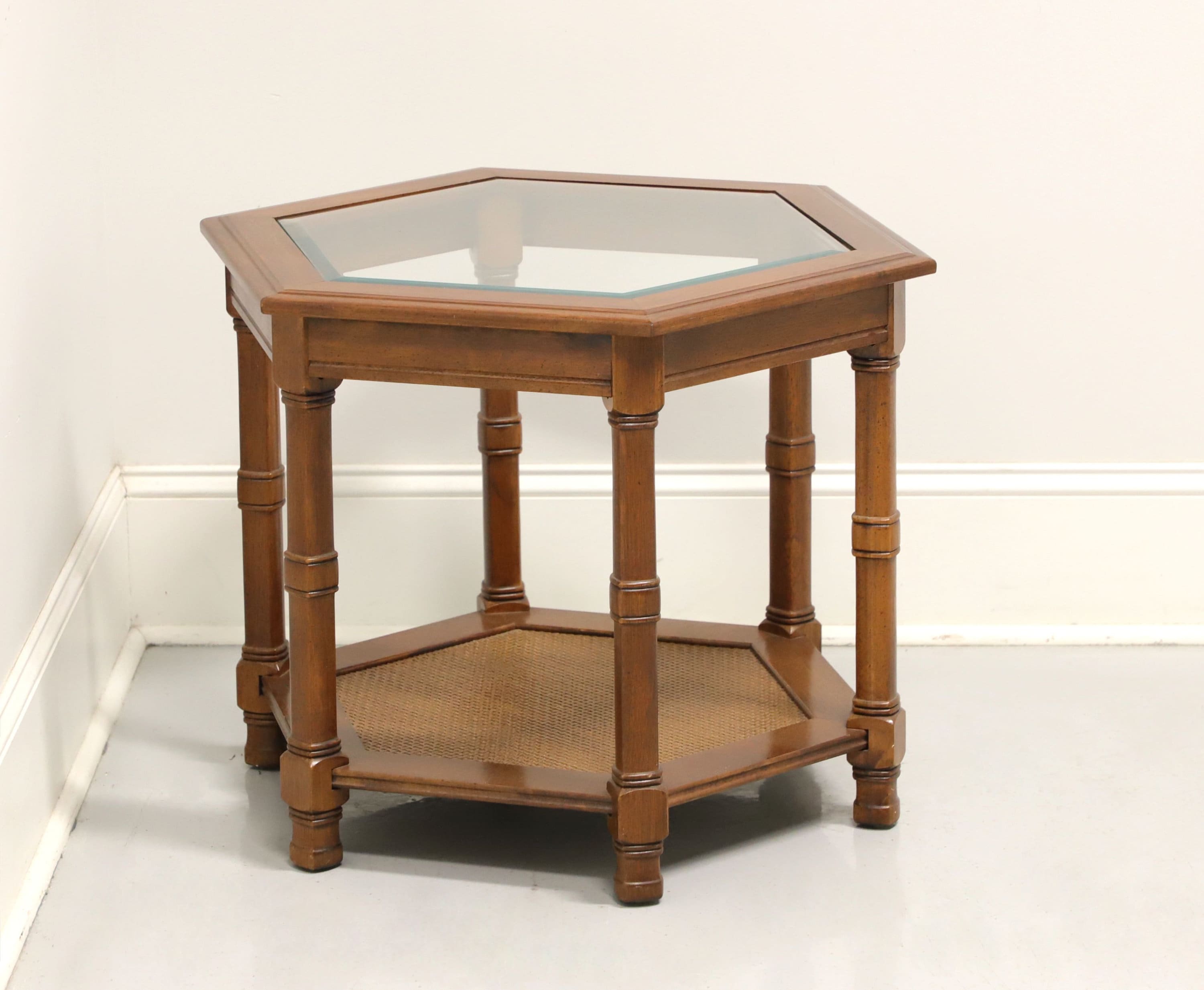 Mid 20th Century Walnut Hexagonal Glass Top Accent Table With
