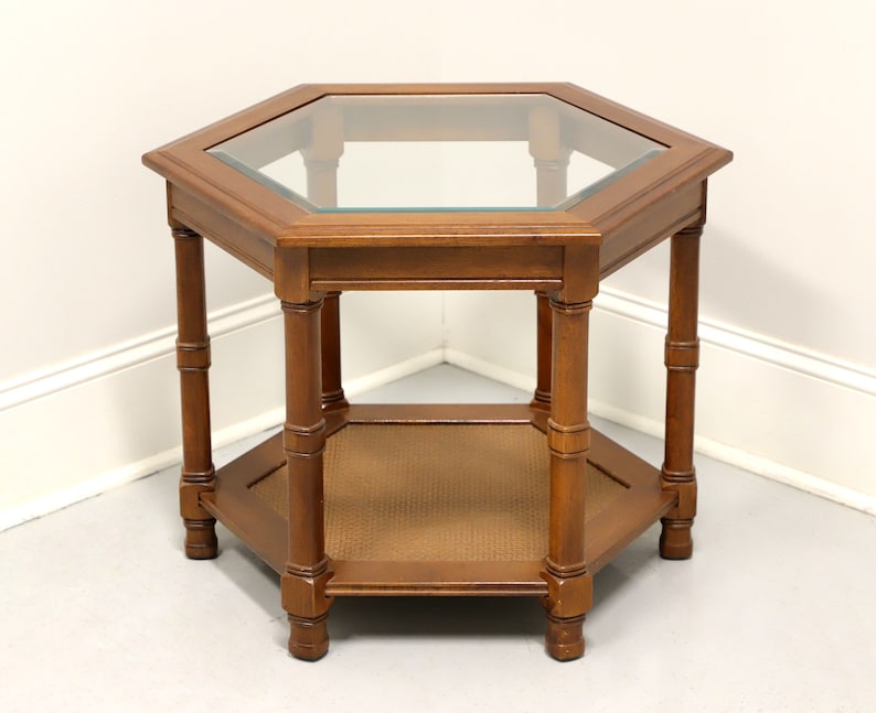 Mid 20th Century Walnut Hexagonal Glass Top Accent Table With Caned