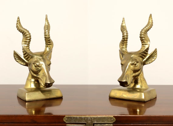 Mid 20th Century Solid Brass Antelope Bookends Pair 