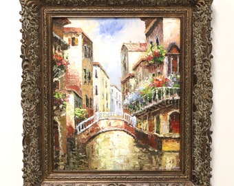 Mid 20th Century Original Oil Impasto Painting on Canvas - Venetian Scene - Signed