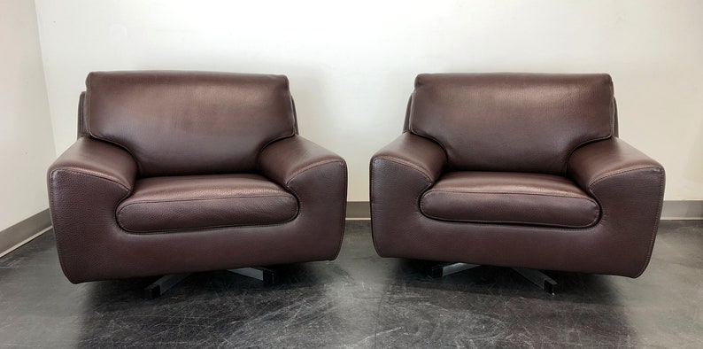 Roche Bobois Modern Swivel Chairs In Chocolate Brown Leather Image 0