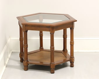 Mid 20th Century Walnut Hexagonal Glass Top Accent Table with Caned Shelf