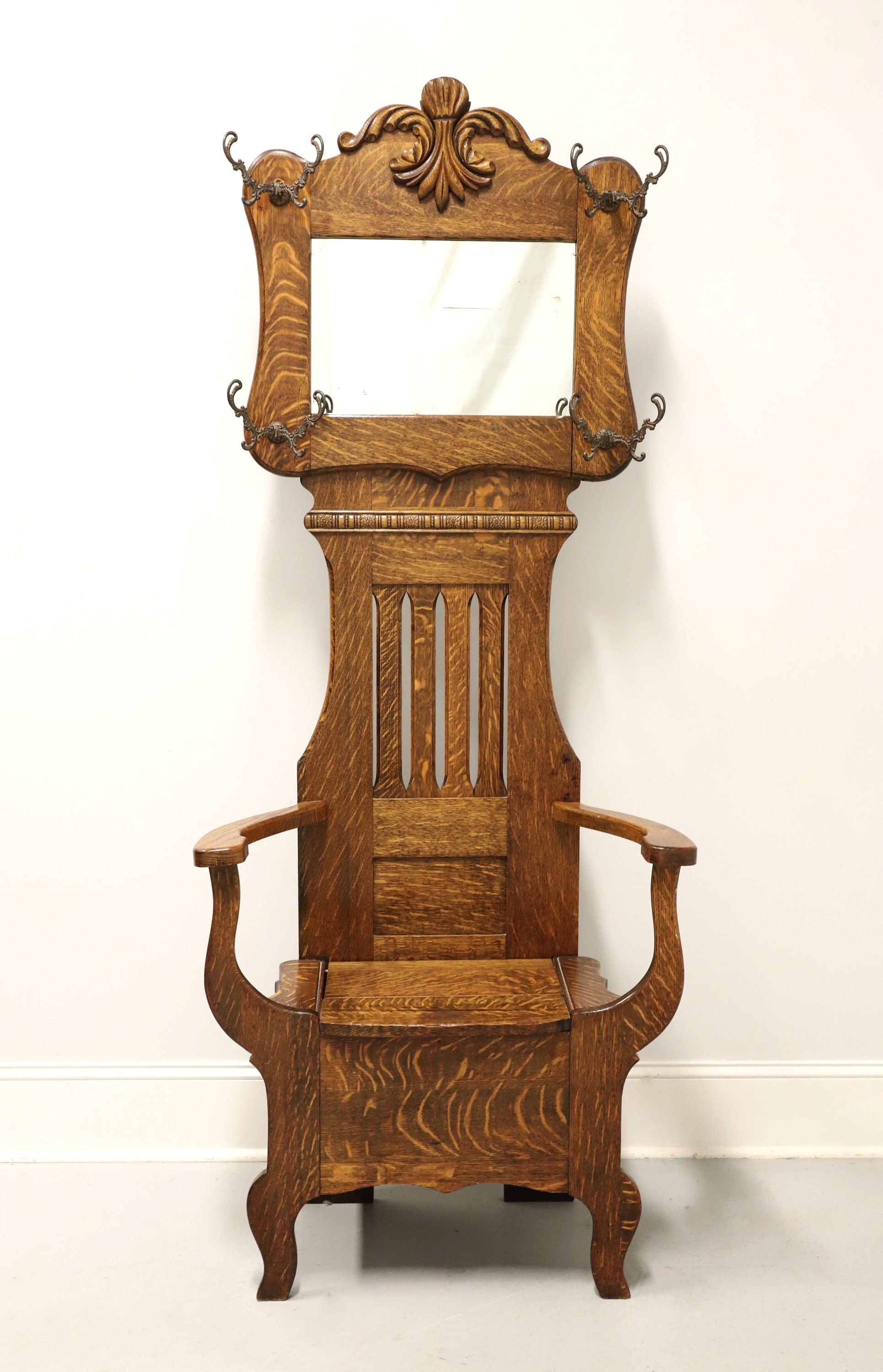 Antique Circa 1900 Victorian Period Tiger Oak Hall Tree With Chair