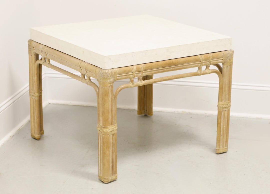 Whitewashed Rattan Table Late 20th Century Whitewashed Oak & Rattan Faux Marble Top Coastal ...