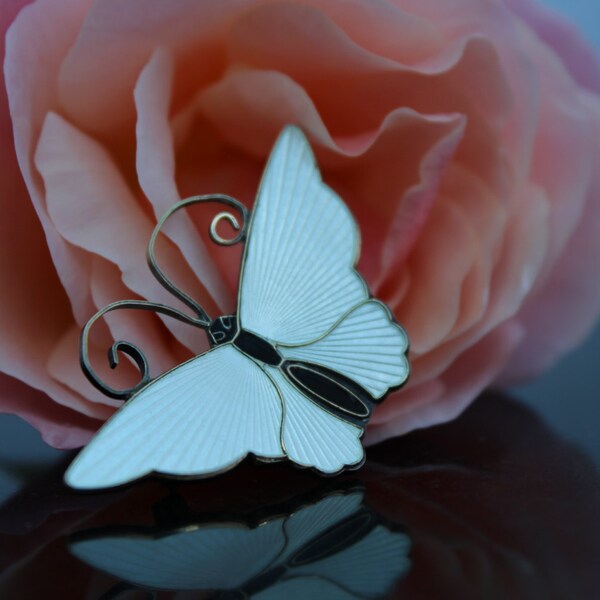 David Andersen silver hallmarked guilloche enamel white butterfly brooch Norway designer jewellery
