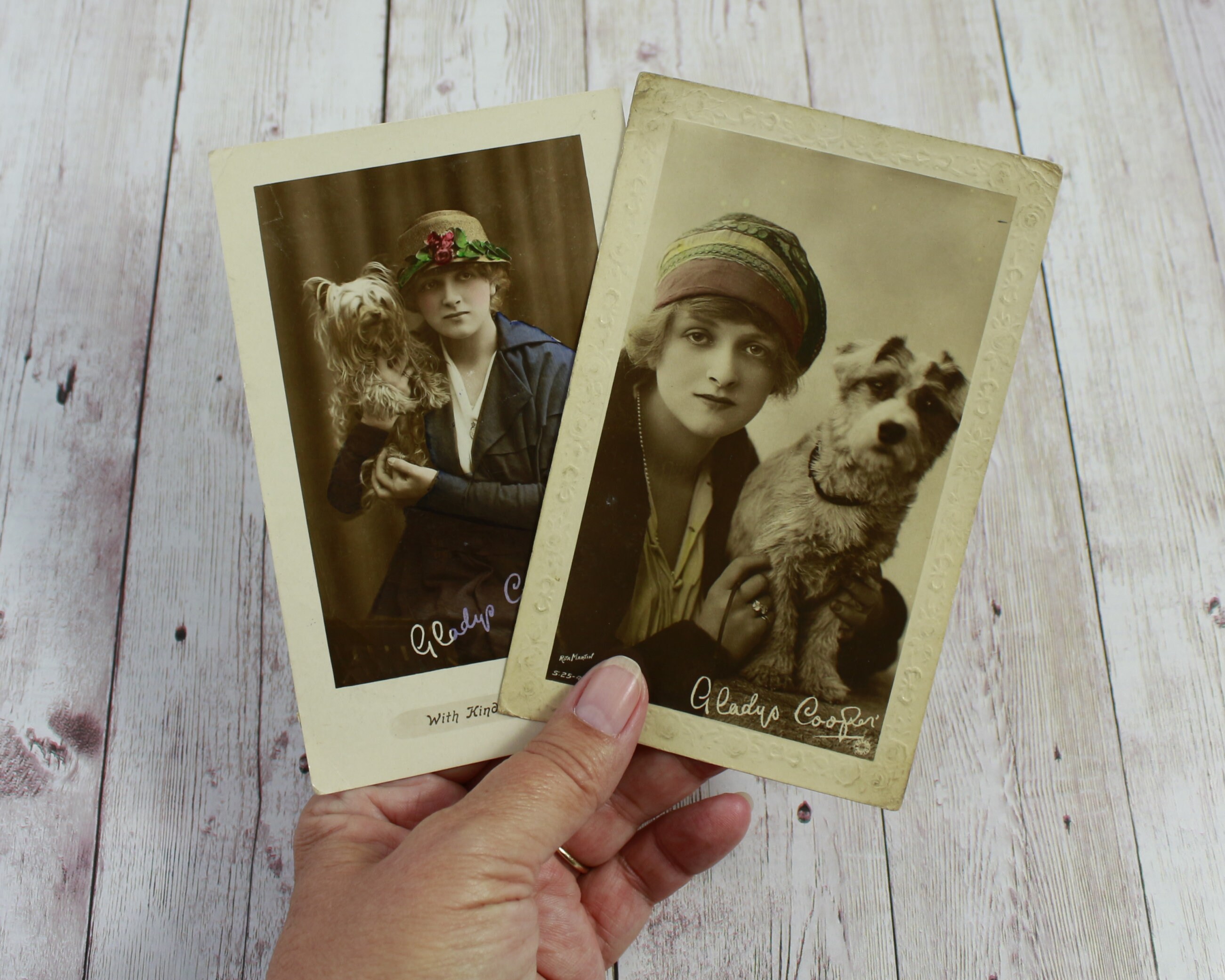 Image of 1919 & 1920 2 Postcards Of Edwardian Actress Gladys Cooper With Dogs, Photographic Theatre Memorabilia, Rita Martin, King George V Stamps