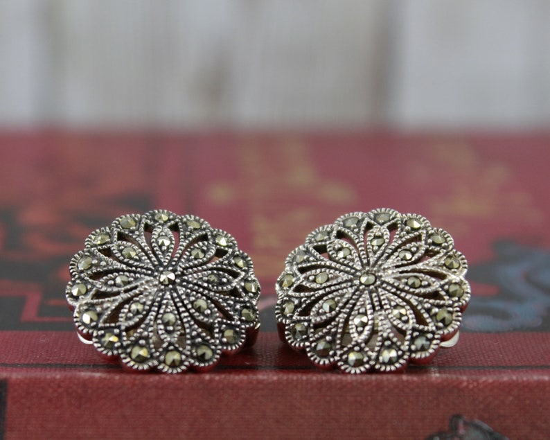 sterling mid century vintage flower jewellery clip on earrings Silver and marcasite earrings