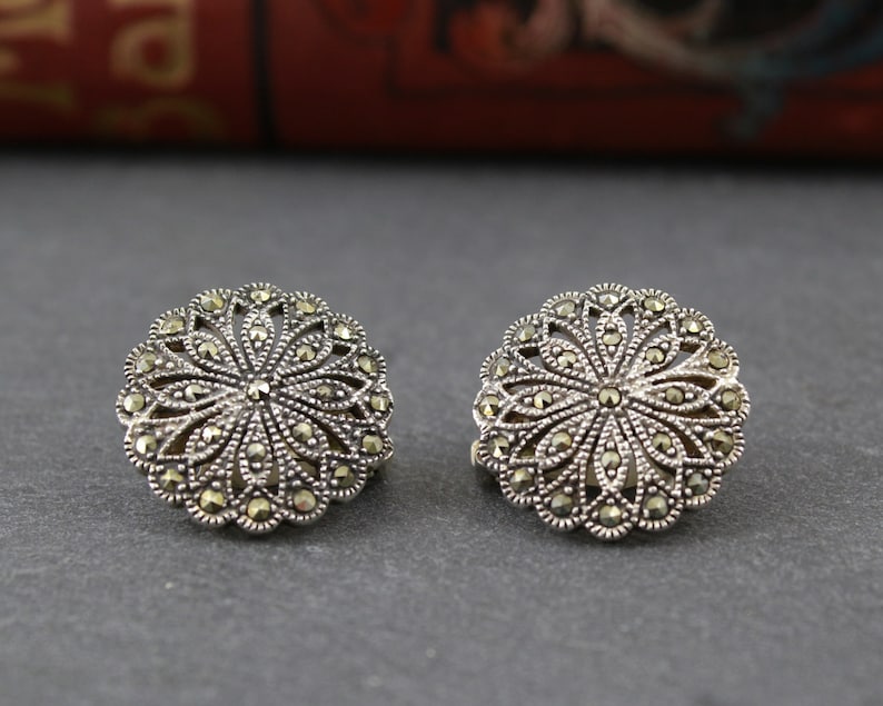sterling mid century vintage flower jewellery clip on earrings Silver and marcasite earrings