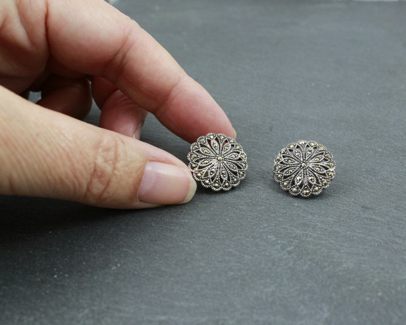 sterling mid century vintage flower jewellery clip on earrings Silver and marcasite earrings