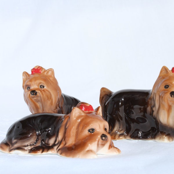 Yorkshire terrier ornaments dogs vintage bone china figurine trio set