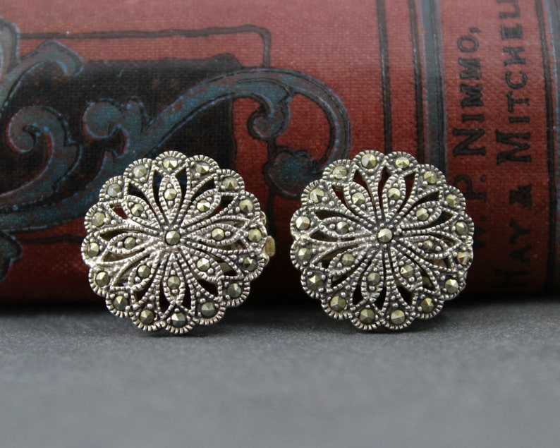 sterling mid century vintage flower jewellery clip on earrings Silver and marcasite earrings