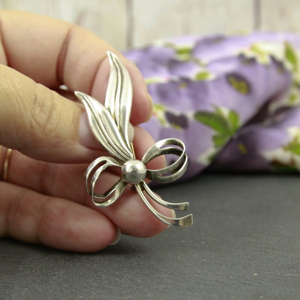 Scandinavian style brooch, sterling silver, mid century signed vintage jewellery with bobble, leaves and bow, pretty silver scarf pin