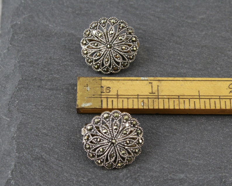 sterling mid century vintage flower jewellery clip on earrings Silver and marcasite earrings