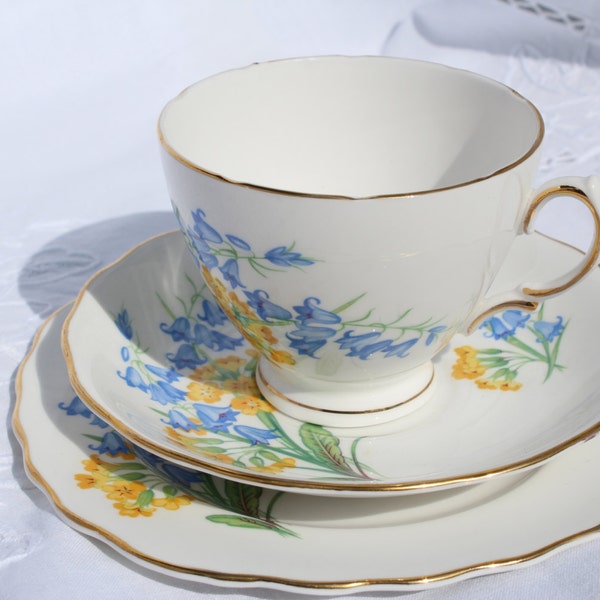 Royal Vale tea cup saucer and plate trio bluebells and primroses