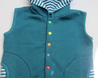 Toddler's Sleeveless Hooded Vest in Petrol organic cotton jersey with petrol stripes and hood in size 92cm / 2T