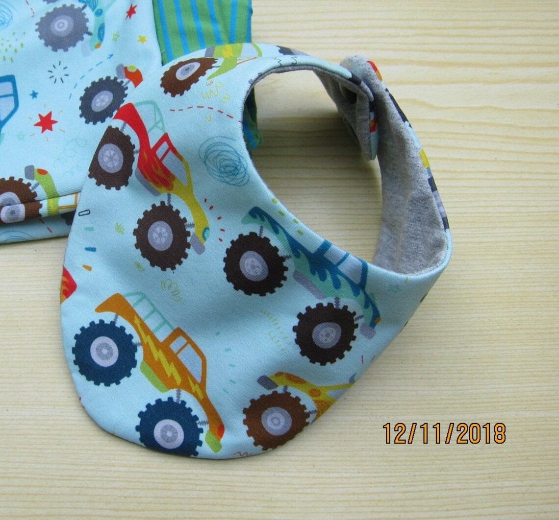 Reversible Baby Drooling Scarf Bib, With Monster Trucks Babies and Children, Bees on the