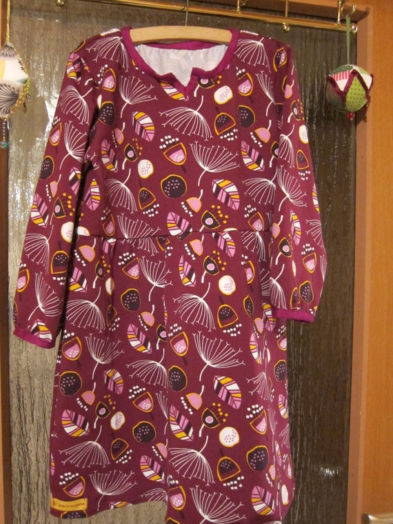 Warm Long Arm Burgundy Organic Jersey Dress With Dandelion | Etsy