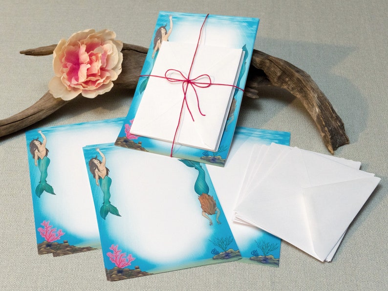 mermaids stationery: a letter writing set handmade paper gummed envelopes original artwork fantasy art image 6