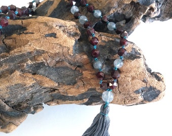 faceted garnet mala beads - 108 beads - hand-knotted - gray crystal accents and tassel - wrap around wrist for mala bead bracelet