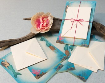 mermaids stationery: a letter writing set - handmade paper  - gummed envelopes - original artwork - fantasy art