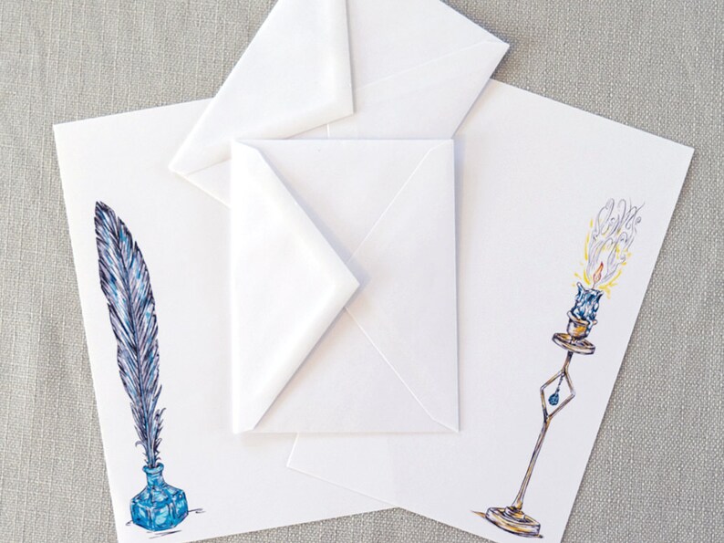 letters by candlelight penpal stationery letter writing set with quill pen & ink handmade paper original artwork fantasy art image 8