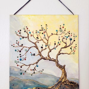 art noveau depiction of a Rowan Tree overlooking a valley. acrylic paint and resin droplets on gesso'd art board. mythical tree art image 1