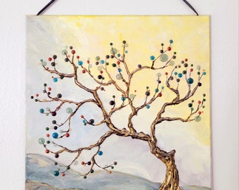 art noveau depiction of a Rowan Tree overlooking a valley. acrylic paint and resin droplets on gesso'd art board. mythical tree art