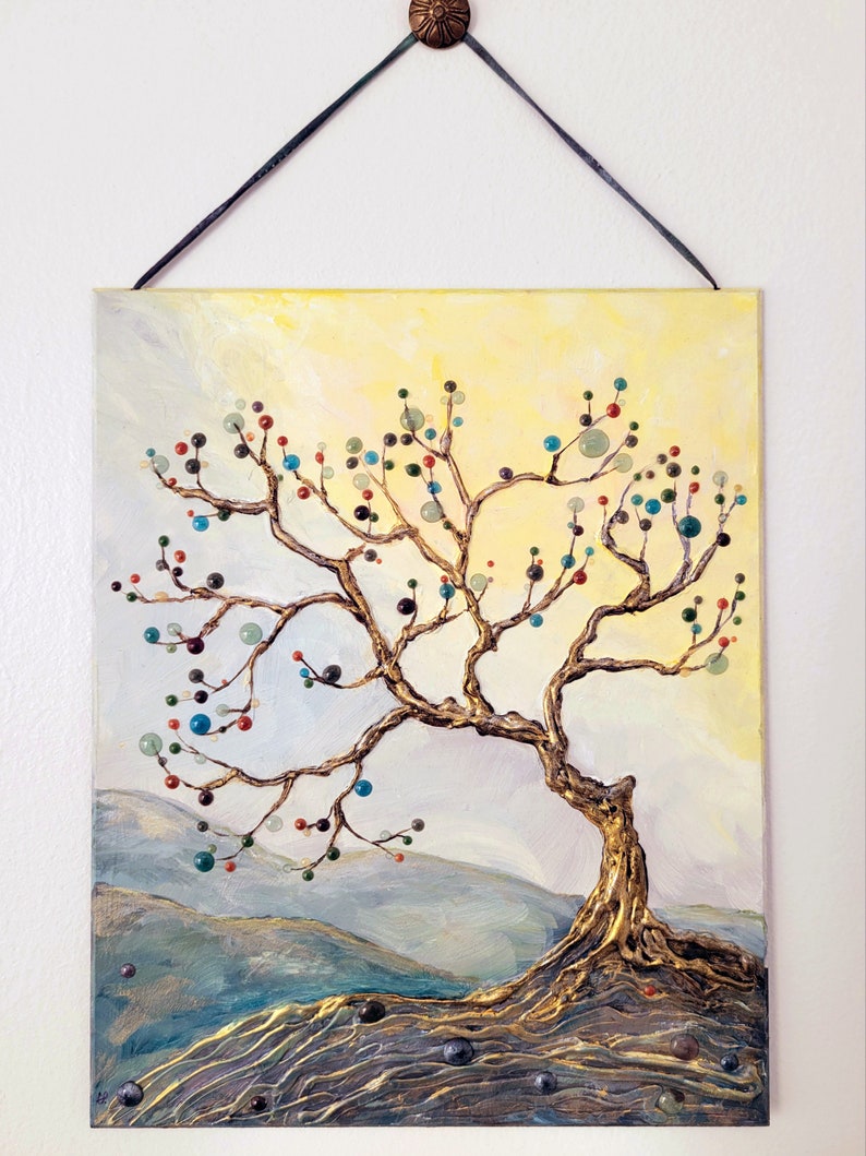 art noveau depiction of a Rowan Tree overlooking a valley. acrylic paint and resin droplets on gesso'd art board. mythical tree art image 1