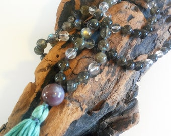 Labradorite Mala - 108 Beads - hand-knotted - purple agate guru bead - Aqua tassel and clear quartz accent beads