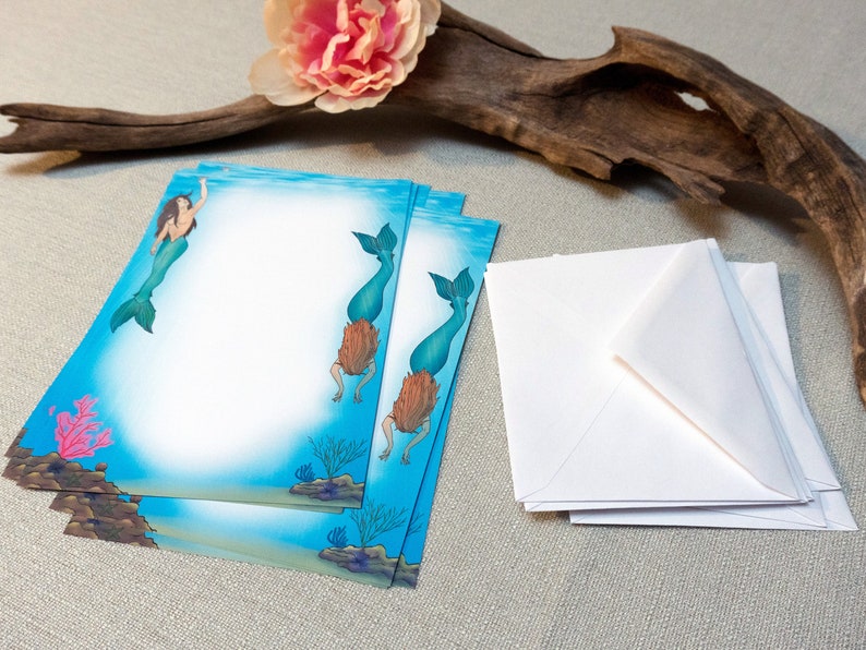 mermaids stationery: a letter writing set handmade paper gummed envelopes original artwork fantasy art image 10