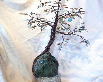 unravel - assemblage sculpture with piano wire, glass, resin, and cement - tree art