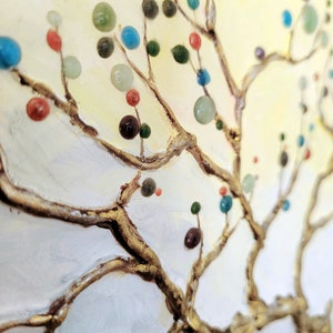 art noveau depiction of a Rowan Tree overlooking a valley. acrylic paint and resin droplets on gesso'd art board. mythical tree art image 2