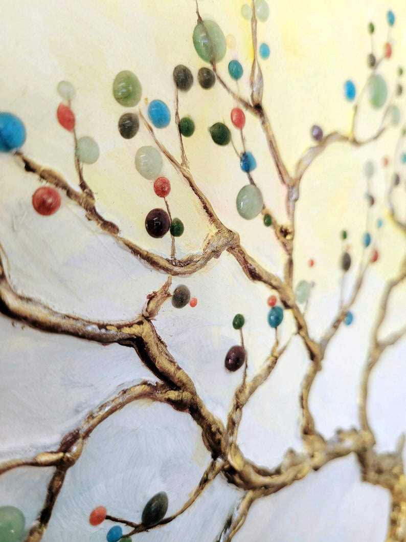 art noveau depiction of a Rowan Tree overlooking a valley. acrylic paint and resin droplets on gesso'd art board. mythical tree art image 2