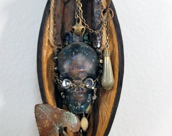 ring the bell, break the spell "de-hexer" assemblage sculpture mini with seed pod, stone, metal and resin