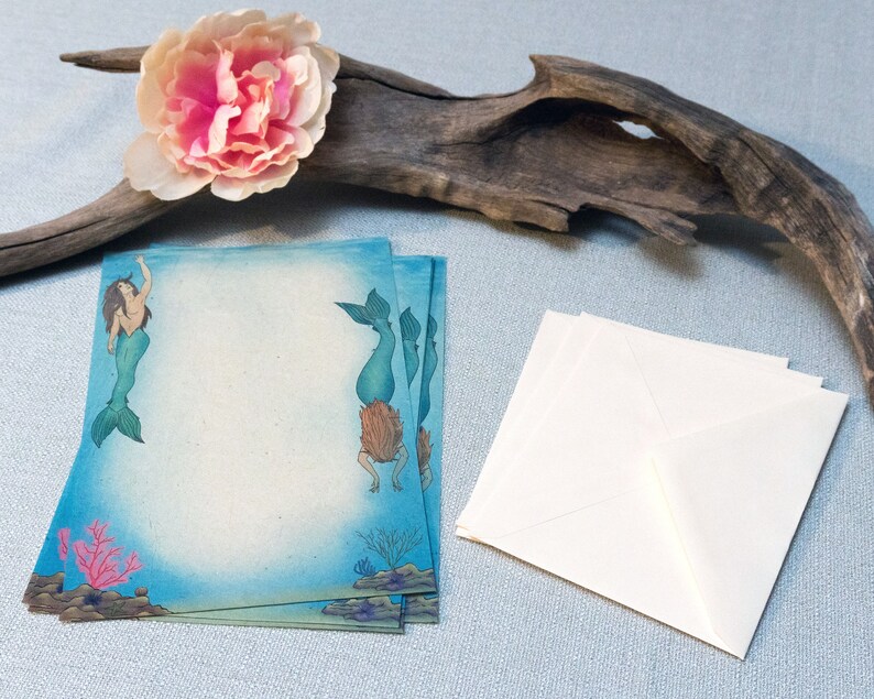 mermaids stationery: a letter writing set handmade paper gummed envelopes original artwork fantasy art image 2