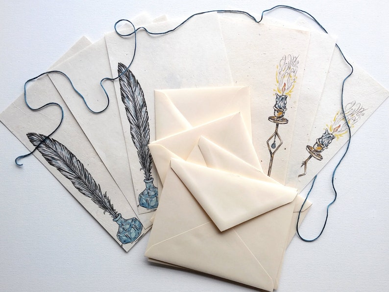 letters by candlelight penpal stationery letter writing set with quill pen & ink handmade paper original artwork fantasy art image 2