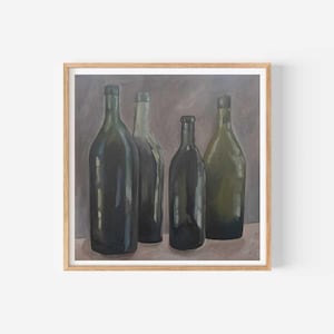 Grüne Flaschen Fine Art Print, Minimalistische Glas Stillleben Gemälde für Wohnzimmer, Housewarming Geschenk,Küche Wand Kunst Geschenk