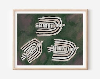 May include: A framed art print featuring three stylized birds in flight. Each bird is depicted with a striped pattern in black and white against a dark green background. The artwork is presented in a light-colored wooden frame.