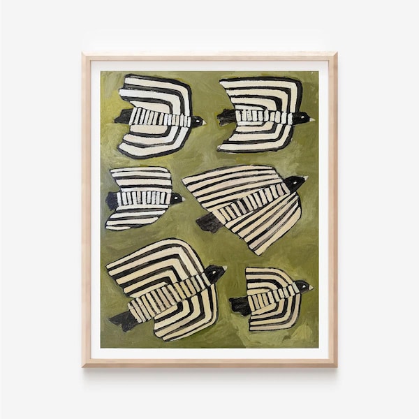 Six Striped Birds Black and White Print | Modern Folk Art Wall Decor | Nature-Inspired Painting | Neutral Home Art Print | Mid Century Style