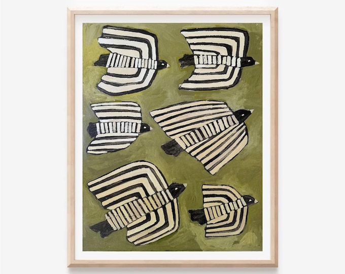 Six Striped Birds Black and White Print | Modern Folk Art Wall Decor | Nature-Inspired Painting | Neutral Home Art Print | Mid Century Style