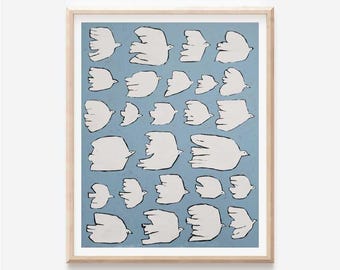 Summer Birds Fine Art Print, White Birds in Flight on Sky Blue Background, Relaxing Wall Decor for Home or Office, Nature Lover Gift