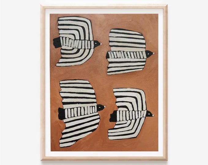 Terracotta Bird Print | Modern Folk Art Wall Decor | Black and White Bird Painting | Mid Century Modern Style | Nature-Inspired Wall Art