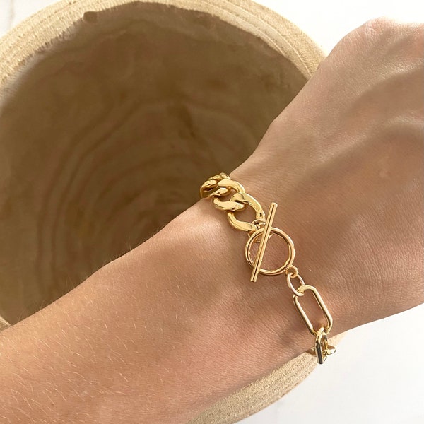 Gold Large Link Multi Chain Bracelet | Toggle Gold Bracelet | Everyday 2 Chain Bracelet | Gold Thick Chain Bracelet