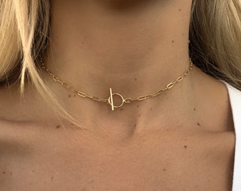Gold Toggle Clasp Choker | Gold Paperclip Chain Necklace | Simple Link Chain Necklace | Everyday Necklace